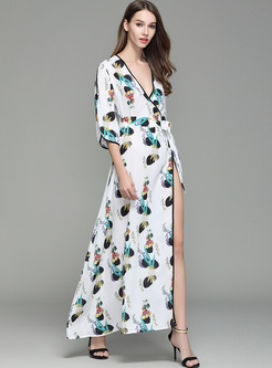 Elegant Print V-neck Waist Maxi Dress