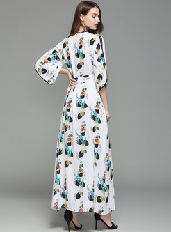 Elegant Print V-neck Waist Maxi Dress