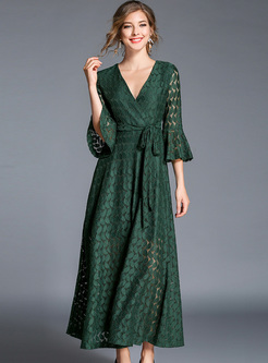 Dresses | Maxi Dresses | Brief V-neck Flare Sleeve Lace Maxi Dress