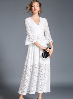 Dresses | Maxi Dresses | White V-neck Flare Sleeve Lace Maxi Dress