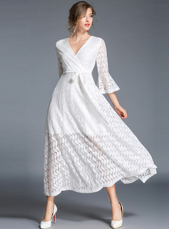 White V-neck Flare Sleeve Lace Maxi Dress