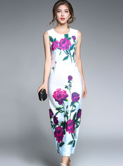 Brief Rose Print Sleeveless Slim Maxi Dress