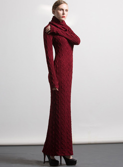 Red Elegant High Neck Slim Knitted Maxi Dress