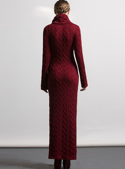 Red Elegant High Neck Slim Knitted Maxi Dress