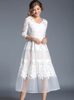 White Perspective Embroidery Skater Dress