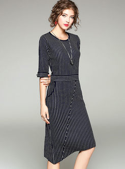 Striped Half Sleeve Sheath Knitted Dress