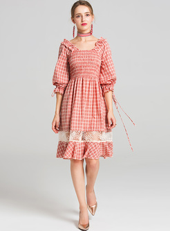 Vintage Plaid Lantern Sleeve Mesh A-line Dress