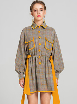 Vintage Color-blocked Lapel Mini A-line Dress