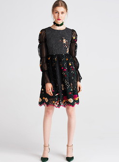Black Mesh Embroidery Skater Dress