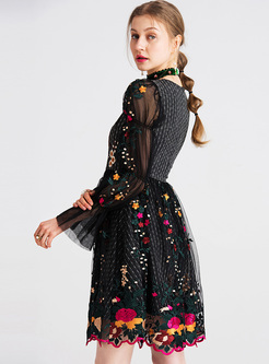 Black Mesh Embroidery Skater Dress