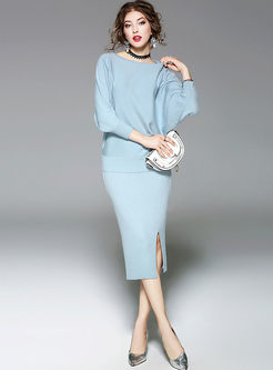 Pure Color Batwing Sleeve Slit Knitted Two-piece Outfits