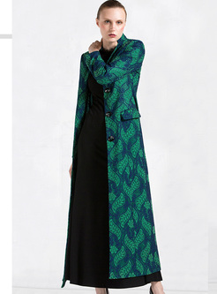 Green Slim Stand Collar Trench Coat