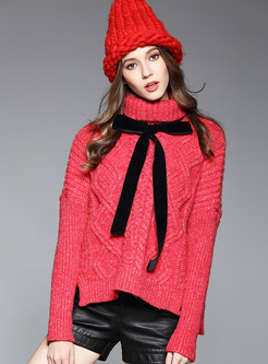 Red High Neck Split Loose Sweater