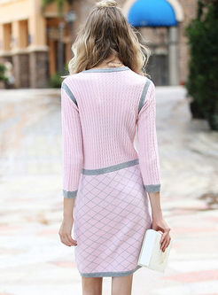 Brief Stitching Plaid V-neck Knitted Dress