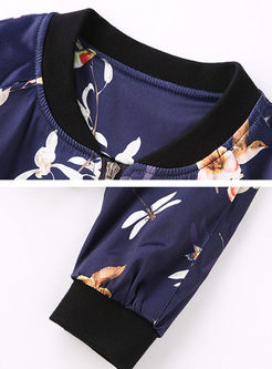 Blue Floral Print Long Sleeve Coat