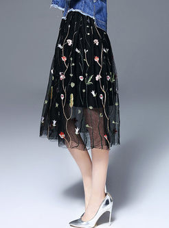 Black Mesh Embroidered A-line Skirt