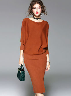Pure Color Batwing Sleeve Slit Knitted Two-piece Outfits