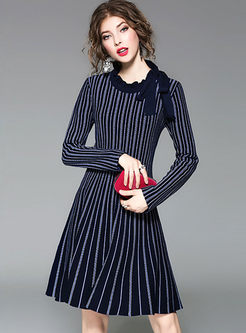 Brief Striped Long Sleeve Knitted Dress