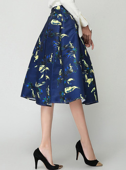 Elegant Blue Print High Waist Skirt