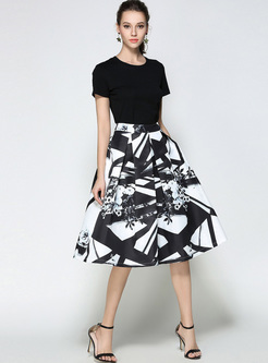 Chic Monochrome High Waist Print Ball Gown Skirt