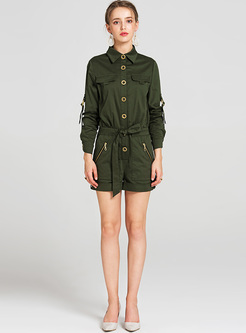 Casual Lapel Green Long Sleeve Rompers