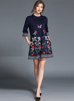 Ethnic Stand Collar Embroidered Loose Shift Dress