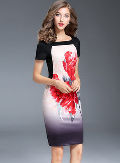 Ethnic Floral Print Short Sleeve Bodycon Dress