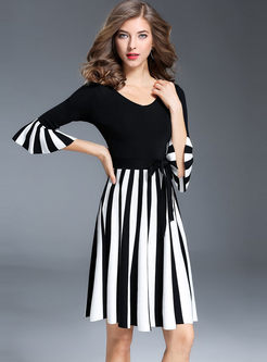 Striped Splicing Knitted Flare Sleeve Skater Dress