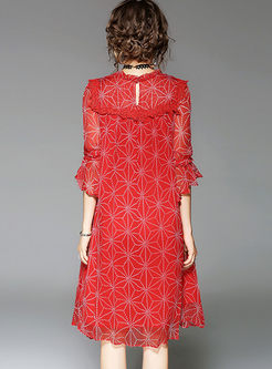 Red Lace Stitching Silk Flare Sleeve Shift Dress