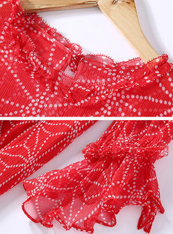 Red Lace Stitching Silk Flare Sleeve Shift Dress