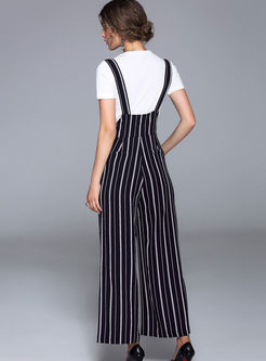Short Sleeve Knitted T-shirt & Causal Striped Overalls