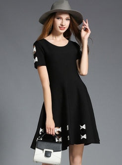 Brief Hollow Out Hit Color Bowknot A-line Knitted Dress