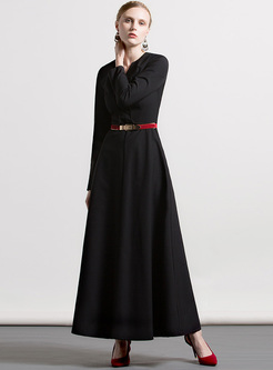 Black V-neck High Wasit Maxi Dress