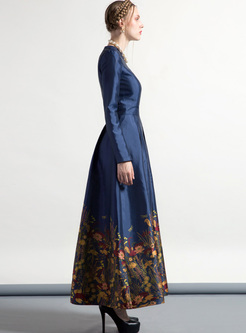 Elegant Flower Jacquard Wasit V-neck Maxi Dress