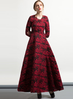 Chic Red Jacquard Big Hem Maxi Dress