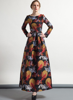 Vintage Birds Print High Waist Maxi Dress