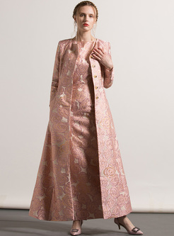 Elegant Pink Stand Collar Jacquard Trench Coat