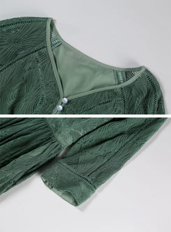 Green Lace Gathered Waist V-neck Skater Dress