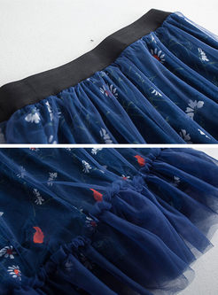 Blue Velvet Floral Print Top & Mesh Falbala Skirt