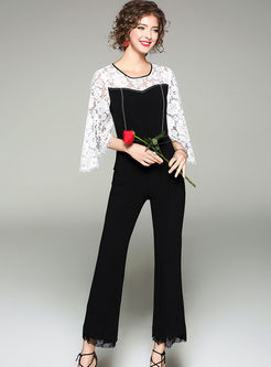 Lace Stitching Hit Color Flare Sleeve Jumpsuits