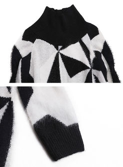 Geometric Pattern Long Sleeve Turtle Neck Knitted Sweater