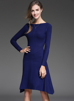 Blue O-neck Long Sleeve Asymmetric Knitted Dress