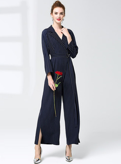 Work Notched Collar Vertical Striped Jumpsuits
