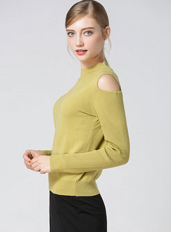 Brief Off Shoulder Stand Collar Knitted Sweater