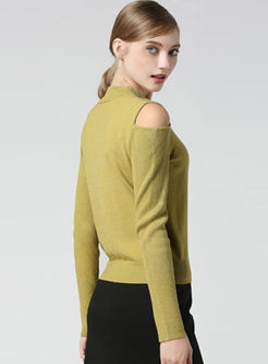 Brief Off Shoulder Stand Collar Knitted Sweater