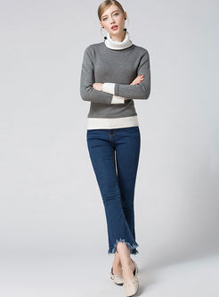 Hit Color Turtle Neck Long Sleeve Sweater