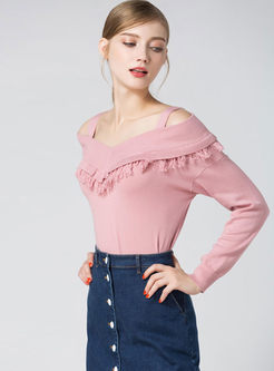 Pink Sweet Tassel Off Shoulder Knitted Sweater
