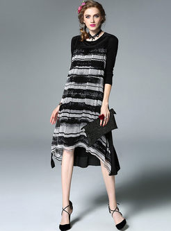 Stylish Silk Splicing Velvet Asymmetry Shift Dress