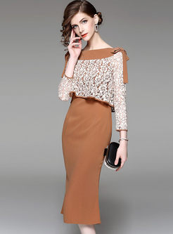 Elegant Lace Splicing Bowknot Long Sleeve Bodycon Dress