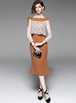 Elegant Lace Splicing Bowknot Long Sleeve Bodycon Dress